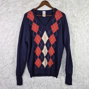 Vtg St Michael Mens L 100% Wool Navy Blue & Red Argyle V-Neck‎ Sweater Preppy